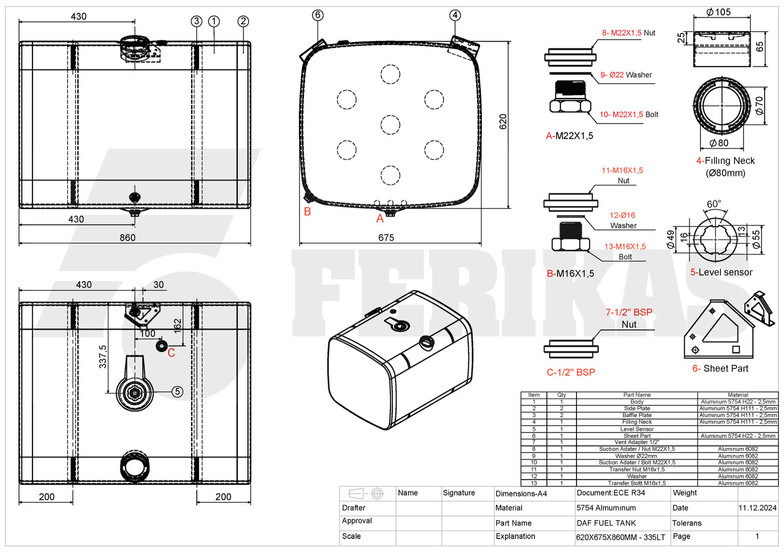 Nowy Zbiornik paliwa do Samochodów ciężarowych DAF New aluminum fuel tank 335L: zdjęcie 9